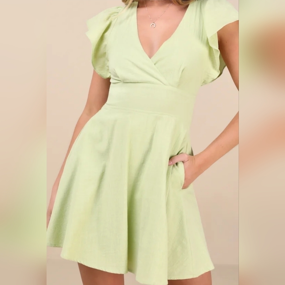 Lulus Sweeten Me Up Lime Green Flutter Sleeve Mini Dress With Pockets, Small